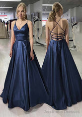 A-line/Princess V Neck Sleeveless Satin Long/Floor-Length Prom Dresses